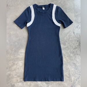 BDG Ribbed Short Sleeve Mini Dress — Navy Blue, Sporty White Stripes